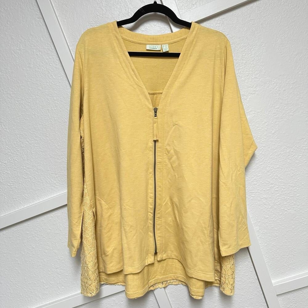 LOGO by Lori Goldstein Lace Back Panel Full Zip Lounge Knit Cardigan Sz: 1X